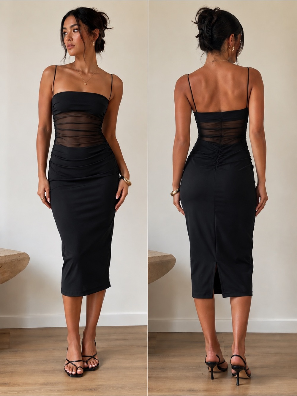 Dynamite Sheer Ruched Bodycon Midi Dress in Black XS